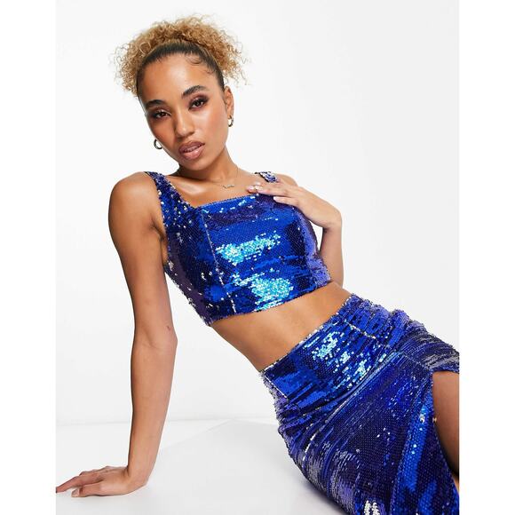 Collective the Label Cobalt Blue Full Sequin Cropped Tank Top ASOS Party 12 - Picture 1 of 10